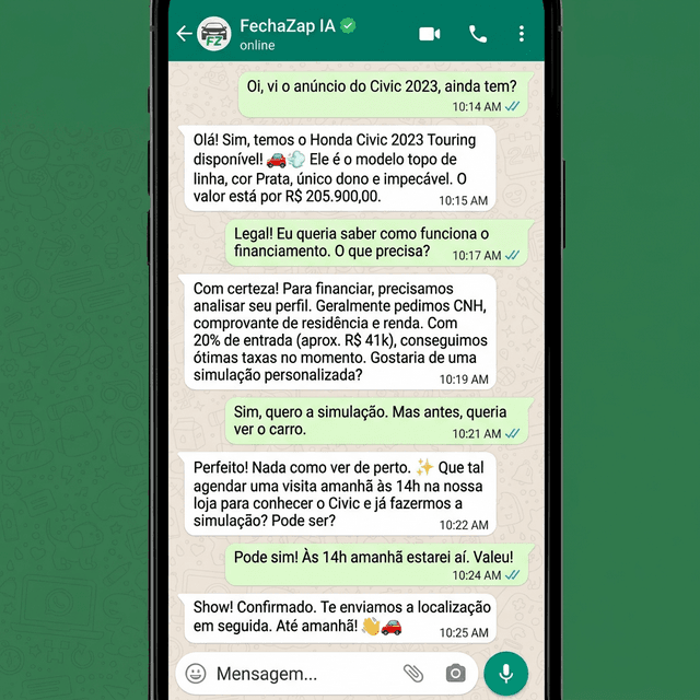 Conversa no WhatsApp com IA do FechaZap agendando visita